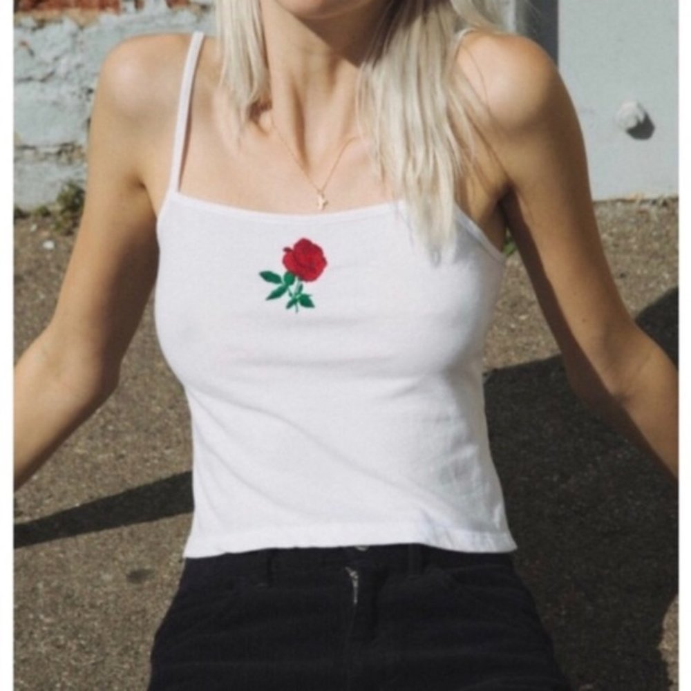 BRANDY MELVILLE- White Faye Top w/Embroidered Rose